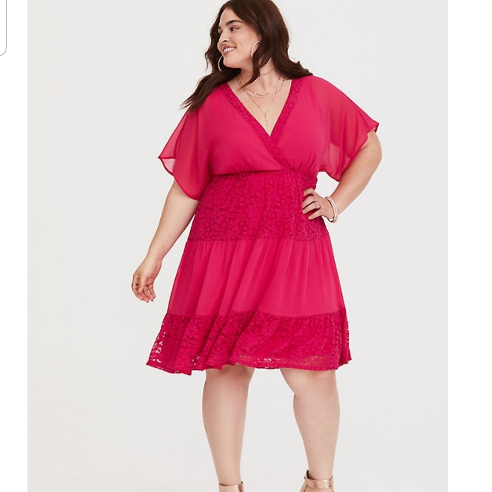 Torrod Raspberry lace inset chiffon dress